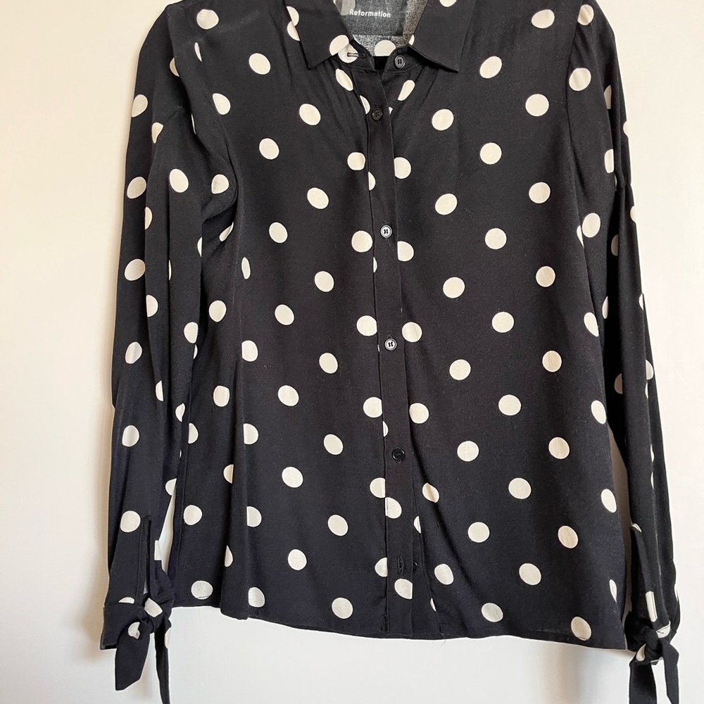 Reformation Polka Dot Black Long Sleeve Button Down Shirt